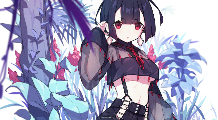 1girl, bangs, black_hair, black_skirt, blunt_bangs, blurry, breasts, commentary