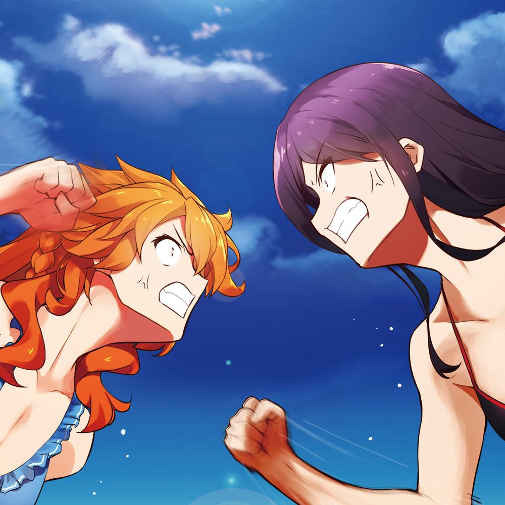 2girls, anger_vein, angry, bikini_top, blue_sky, clenched_hand, clenched_teeth, day