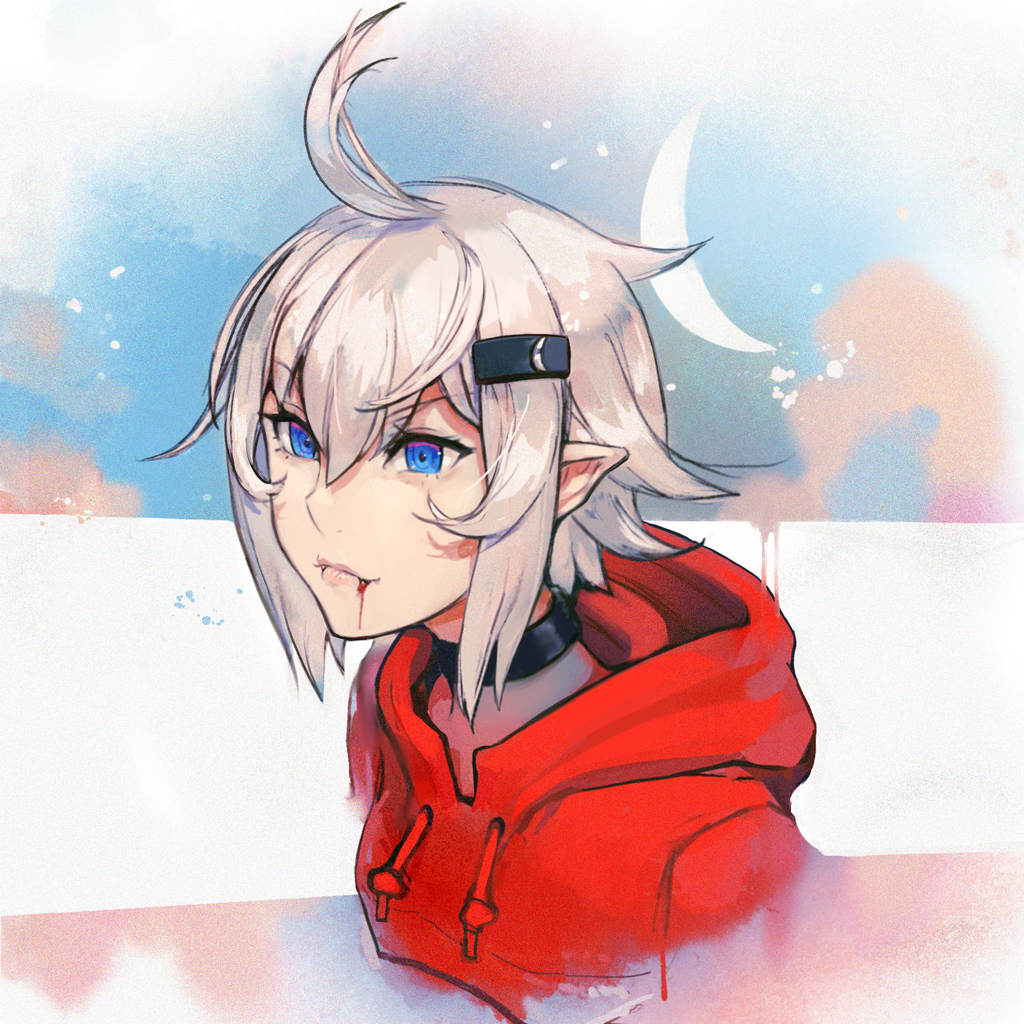 1girl, ahoge, bangs, blood, blue_eyes, choker, cropped_torso, facing_viewer