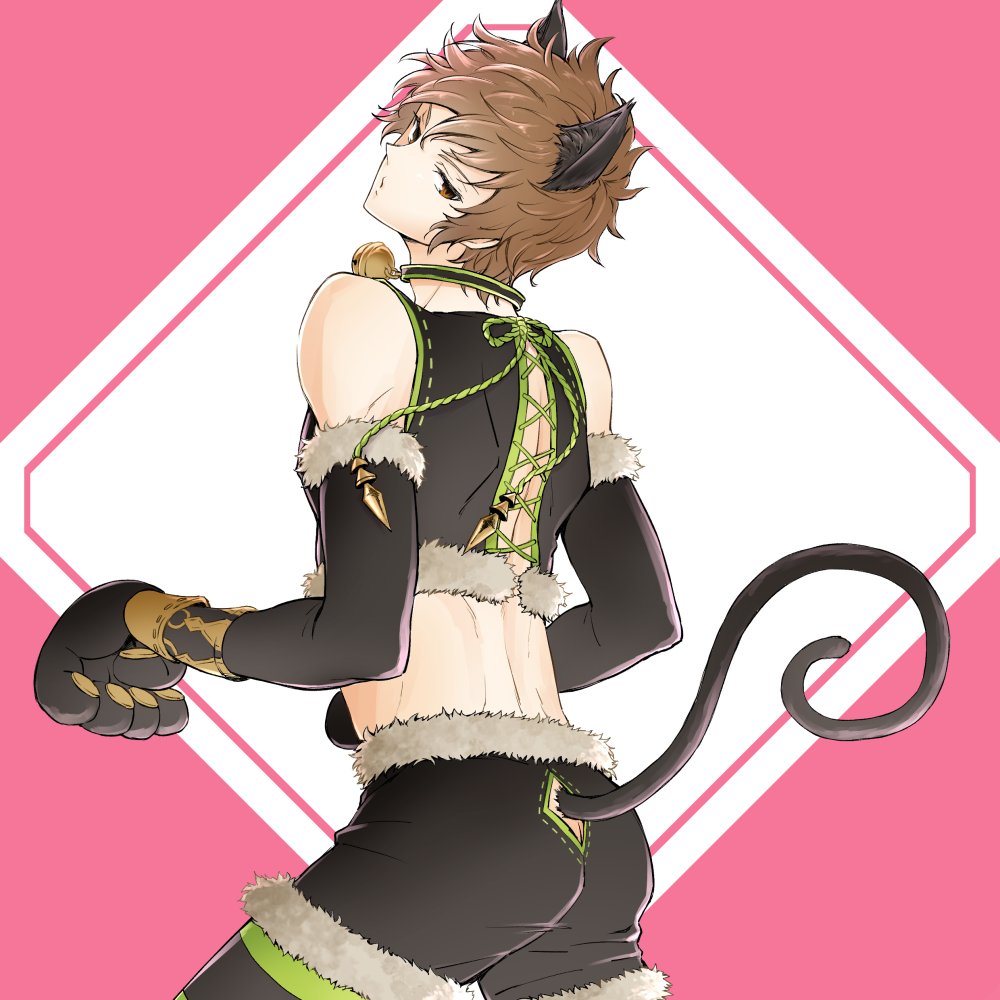 1boy, adapted_costume, animal_ears, bell, bell_collar, black_gloves, black_shorts, brown_eyes