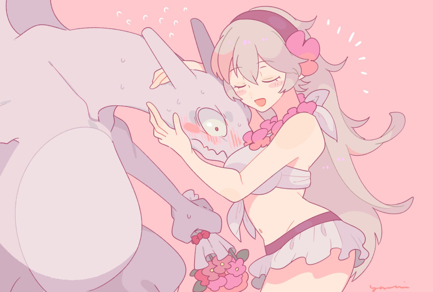1girl, 1other, animal, bikini, bikini_skirt, blush, bouquet, breasts