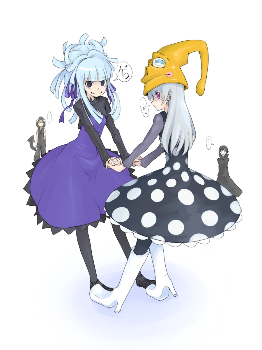 blue_eyes, blue_hair, boots, cosplay, crossover, darker_than_black, dress, eruka_frog, eruka_frog_(cosplay), fukuen_misato, hair_ribbon, hat, hei, highres, long_hair, medusa_gorgon, oso, oso_(toolate), pantyhose, parody, polka_dot, purple_eyes, ribbon, seiyuu_connection, seiyuu_joke, smile, soul_eater, white_hair, yin, yin_(cosplay)