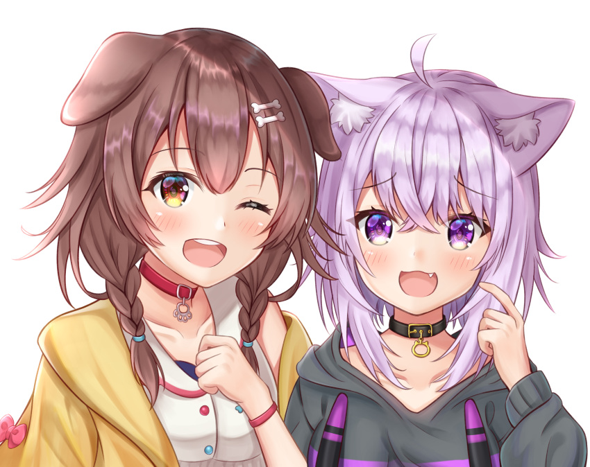2girls, absurdres, ahoge, animal_ear_fluff, animal_ears, bangs, blush, bone