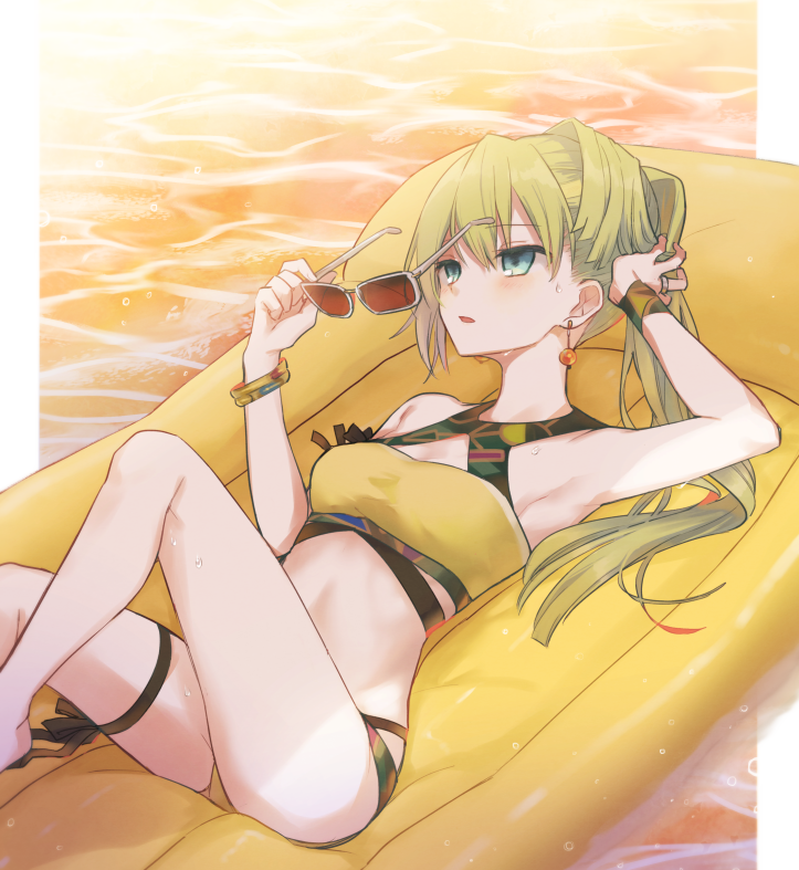 1girl, air_mattress, alina_gray, bangs, bikini, blue_eyes, blush, boyano