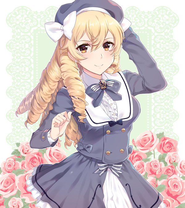1girl, alternate_costume, awayuki_ramika, beret, black_headwear, black_neckwear, black_skirt, blonde_hair