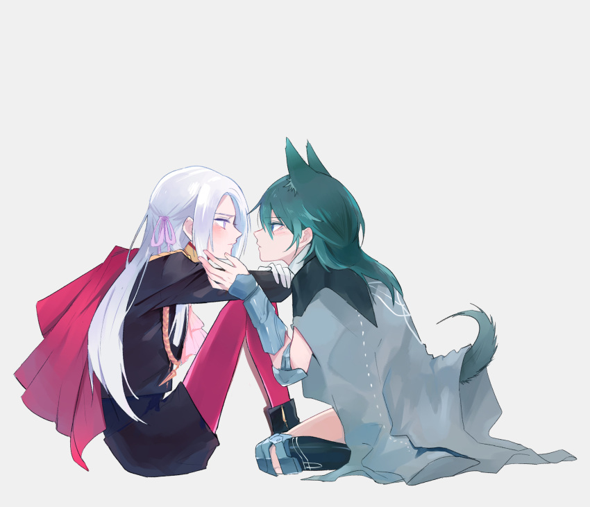 2girls, animal_ears, armored_boots, arms_on_knees, black_footwear, black_legwear, blue_eyes, blue_hair