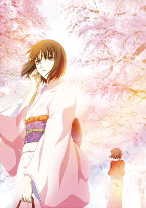 cherry_blossoms, irisless_eyes, japanese_clothes, kara_no_kyoukai, kimono, ryougi_shiki, short_hair, tree, trees, type-moon