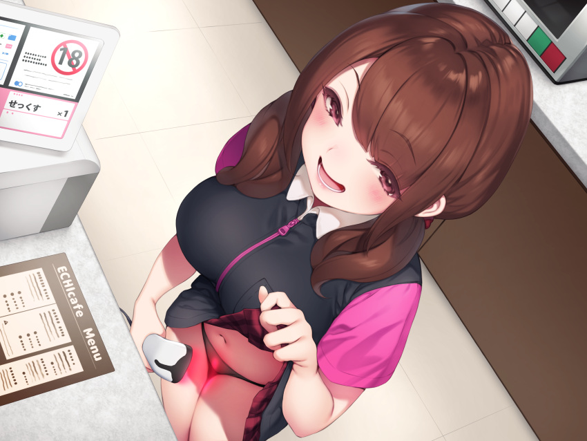 1girl, barcode_scanner, black_panties, black_shirt, black_skirt, blush, breast_pocket, breasts