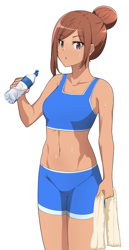bangs, blue_bra, blue_shorts, bottle, bra, brown_eyes, brown_hair, collarbone