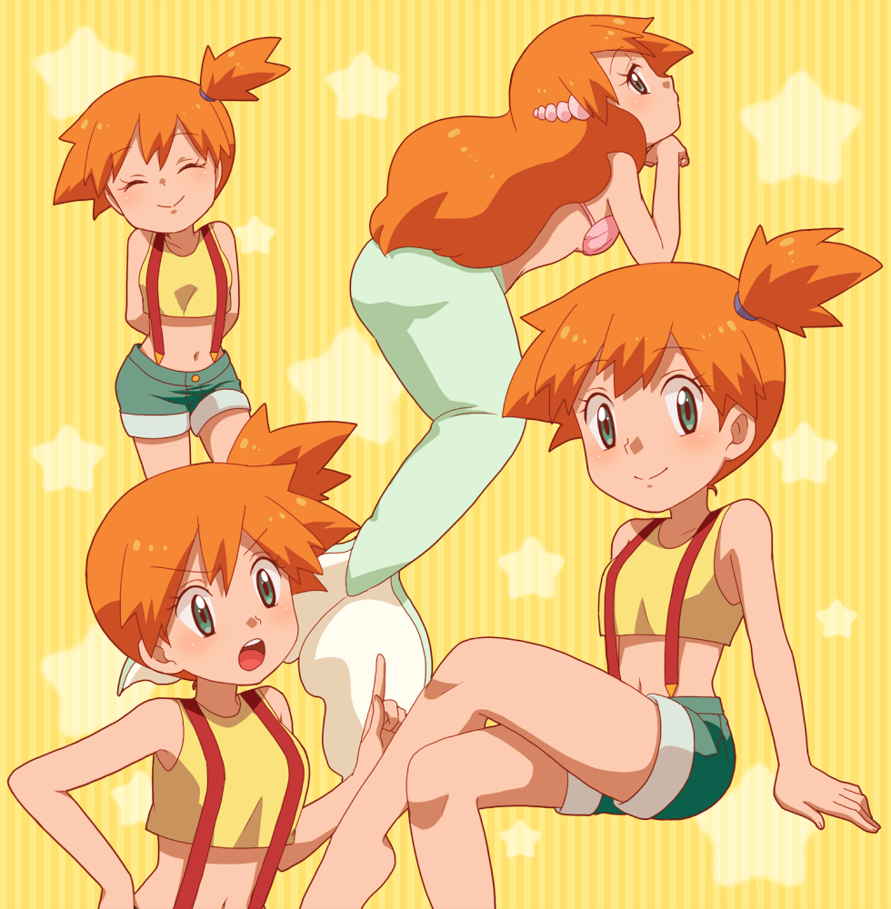 1girl, :o, arms_behind_back, barefoot, blush, breasts, closed_eyes, crossed_legs, facing_viewer, green_eyes, index_finger_raised, kasumi_(pokemon), kurumi_(forte), long_hair, mermaid, midriff, monster_girl, multiple_views, navel, orange_hair, pokemon, pokemon_(anime), pokemon_(classic_anime), shell, shell_bikini, shirt, short_hair, short_shorts, shorts, side_ponytail, sitting, small_breasts, smile, suspenders, yellow_background, yellow_shirt