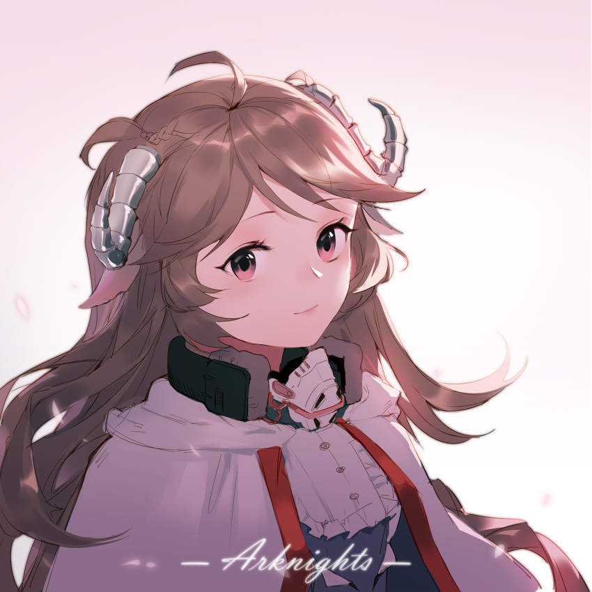 1girl, ahoge, animal_ears, arknights, braid, brown_hair, cape, copyright_name
