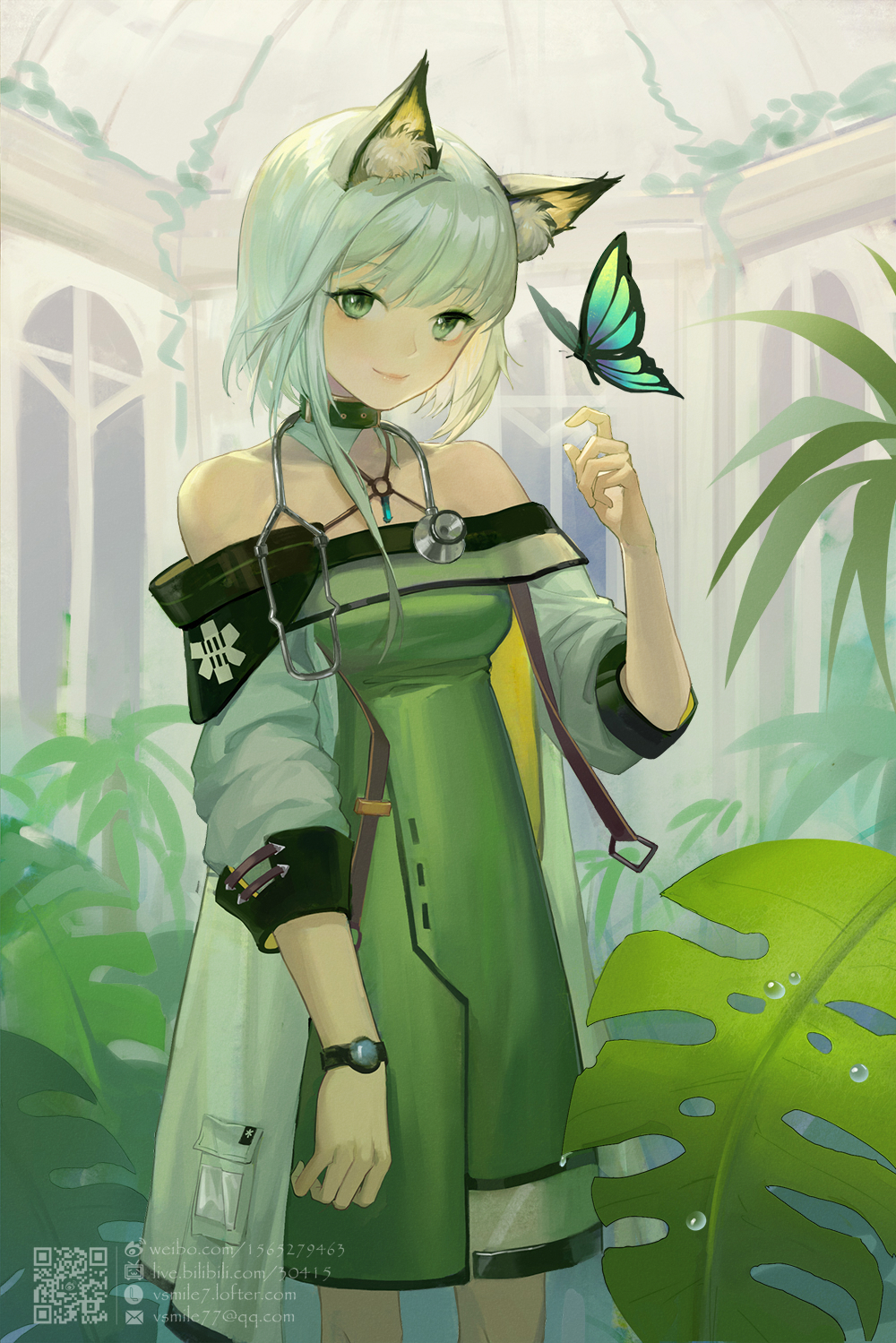 1girl, animal_ear_fluff, animal_ears, arknights, artist_name, bangs, bare_shoulders, bug