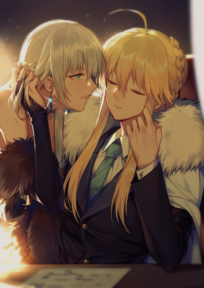 2girls, absurdres, ahoge, artoria_pendragon_(all), artoria_pendragon_(lancer), blonde_hair, braid, breasts