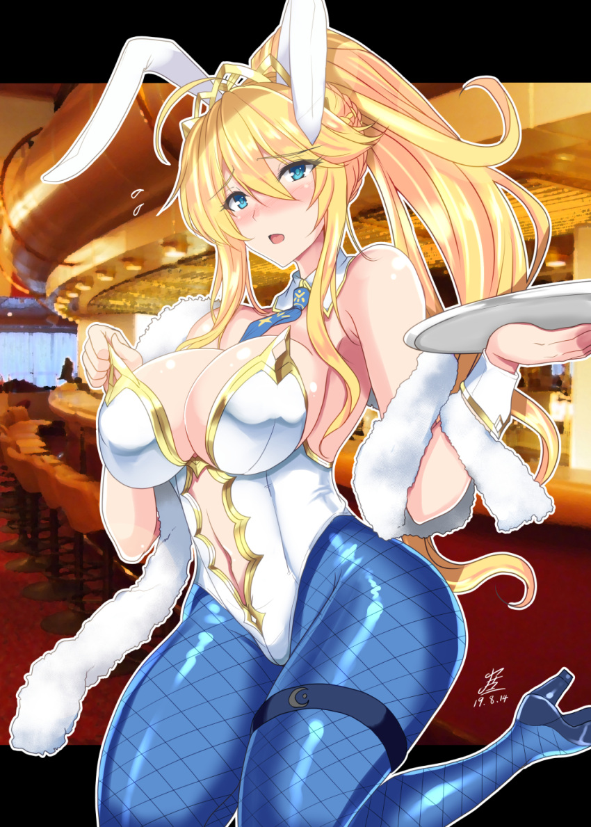 1girl, alternate_eye_color, animal_ears, artoria_pendragon_(all), bar, bar_stool, bare_shoulders, blue_legwear