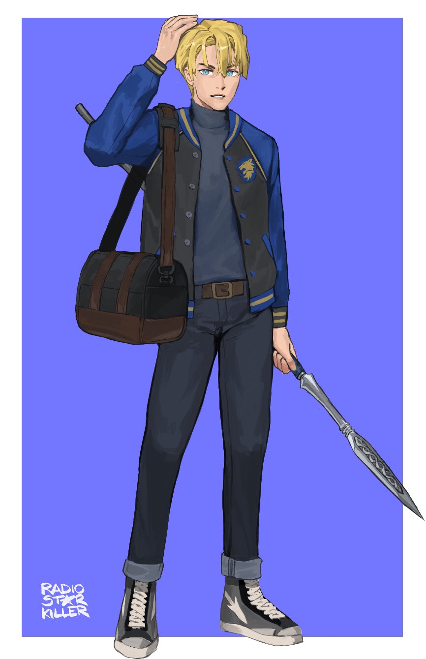 1boy, artist_name, bag, blonde_hair, blue_background, blue_eyes, casual, dimitri_alexandre_bladud
