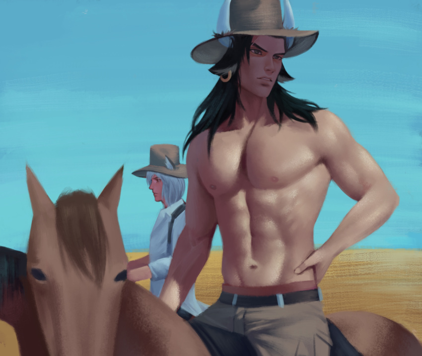 2boys, animal_ears, arknights, bara, belt, black_hair, brown_headwear, brown_pants, cowboy, day, desert, earrings, hand_on_hip, hat, highres, horns, horse, horseback_riding, jewelry, male_focus, matterhorn_(arknights), multiple_boys, muscle, navel, outdoors, pants, pectorals, r_suka, riding, saddle, sand, shirtless, silverash_(arknights), western, white_hair
