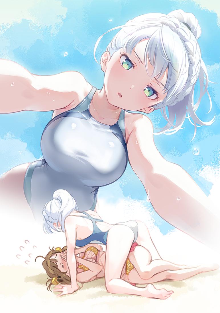 2girls, all_fours, aqua_eyes, awane_kokoro, bangs, beach, bikini, blush