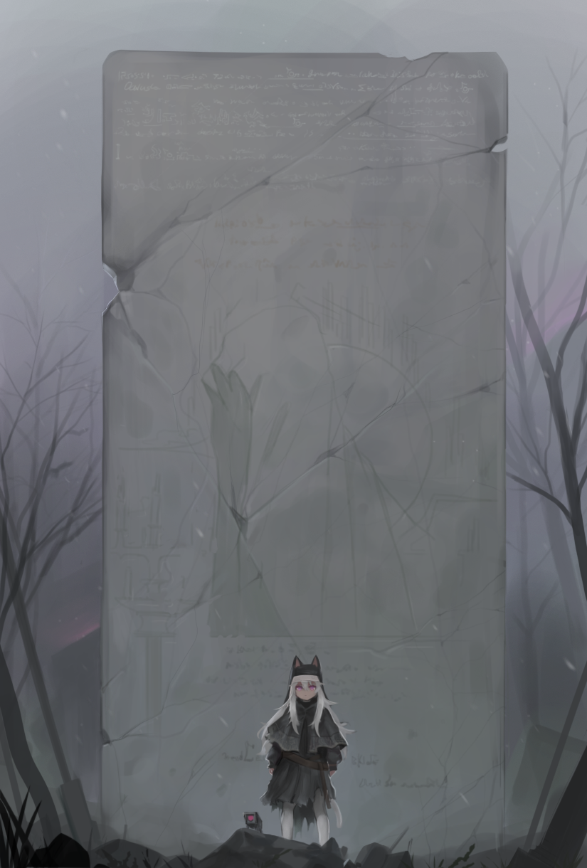 1girl, animal_ears, bangs, bare_tree, black_capelet, black_dress, capelet, cat_ears