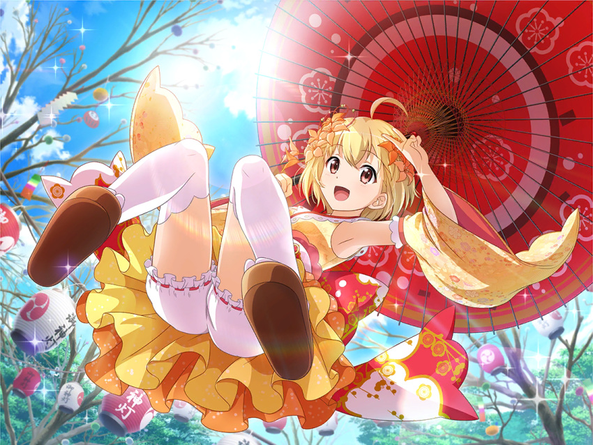 armpits, blonde_hair, dress, green_eyes, new_year, otori_michiru, parasol, short_hair, shoujo_kageki_revue_starlight, smile