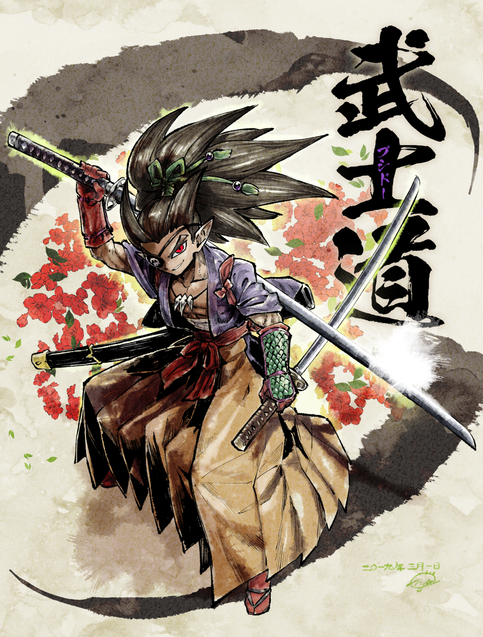 1boy, black_eyepatch, black_hair, bow, collarbone, dark_skin, dragon_quest, dragon_quest_builders_2, dual_wielding, eyepatch, full_body, gloves, grin, hakama, highres, holding, japanese_clothes, jewelry, katana, kimono, long_hair, looking_at_viewer, male_focus, necklace, nishizawa_ichiya, orange_hakama, pointy_ears, ponytail, print_eyepatch, pun, purple_kimono, red_bow, red_eyes, red_gloves, reverse_grip, samurai, sidoh_(dqb2), smile, solo, spiky_hair, standing, sword, waist_bow, weapon