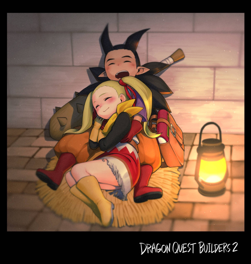 1boy, 1girl, black_border, black_hair, blonde_hair, blush, boots, border