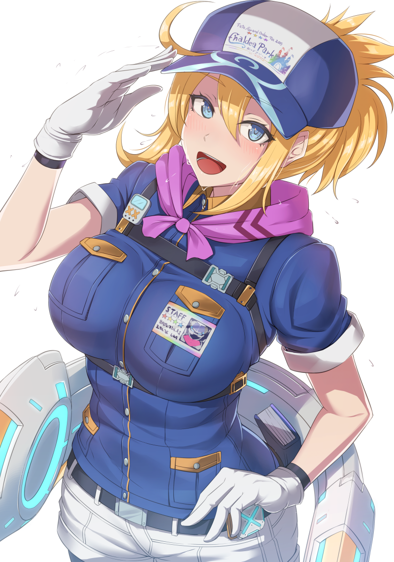1girl, ahoge, artoria_pendragon_(all), bangs, baseball_cap, belt, blonde_hair, blue_eyes