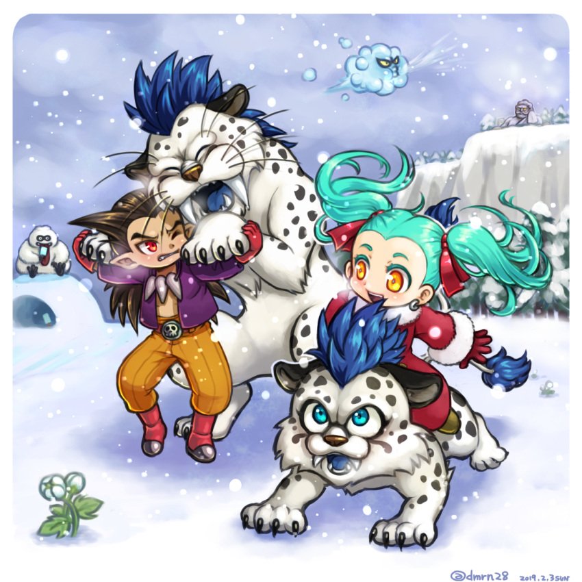 1boy, 1girl, animal, aqua_hair, black_hair, blue_eyes, clenched_teeth, demerin, dragon_quest, dragon_quest_builders_2, earrings, female_builder_(dqb2), flower, food, gloves, grimace, hair_ribbon, highres, hoop_earrings, jewelry, long_hair, monster, one_eye_closed, orange_eyes, orange_pants, pointy_ears, popsicle, purple_shirt, red_eyes, red_footwear, red_gloves, red_ribbon, ribbon, sharp_teeth, shirt, shoes, sidoh_(dqb2), smile, snow, spiky_hair, teeth, twintails, winter