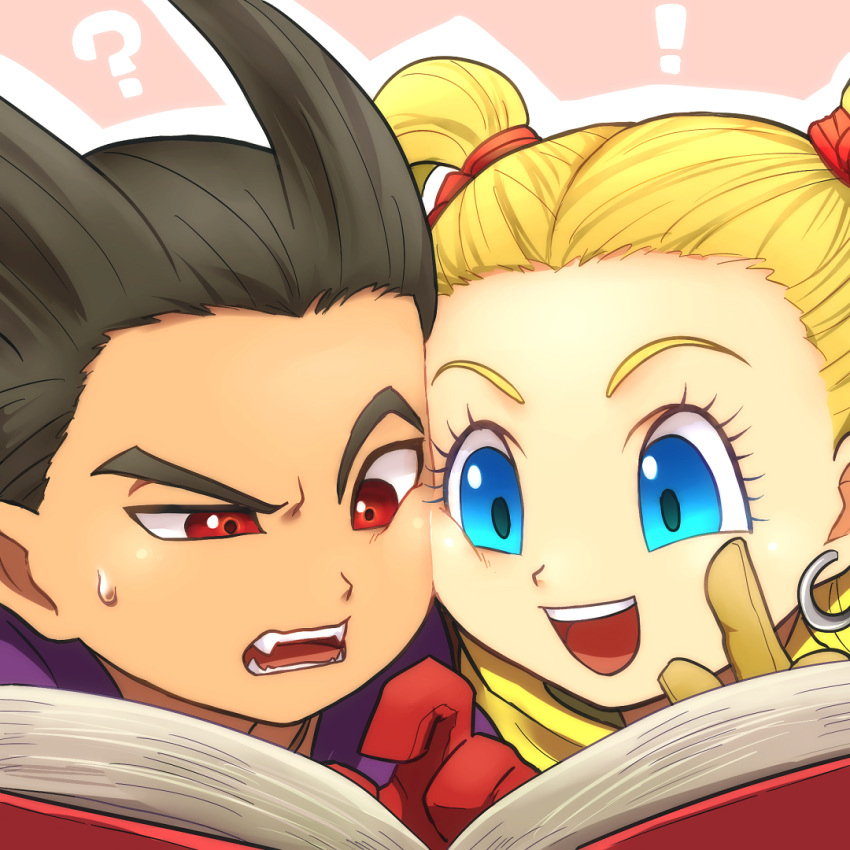 !, 1boy, 1girl, :d, :o, ?, black_hair, blonde_hair