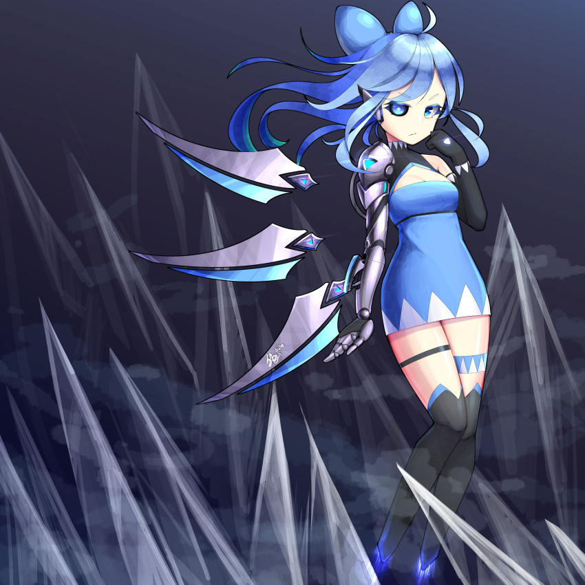 1girl, absurdres, ahoge, alternate_hair_length, alternate_hairstyle, black_sclera, blue_eyes, blue_hair, cirno, cybernetic_eye, cyborg, dress, elbow_gloves, eyebrows_visible_through_hair, full_body, gloves, gozas99, hair_ribbon, highres, huge_filesize, ice, long_hair, looking_at_viewer, mechanical_ears, mechanical_wings, mismatched_sclera, no_feet, over-kneehighs, prosthesis, prosthetic_arm, ribbon, solo, thigh-highs, thigh_strap, touhou, wings