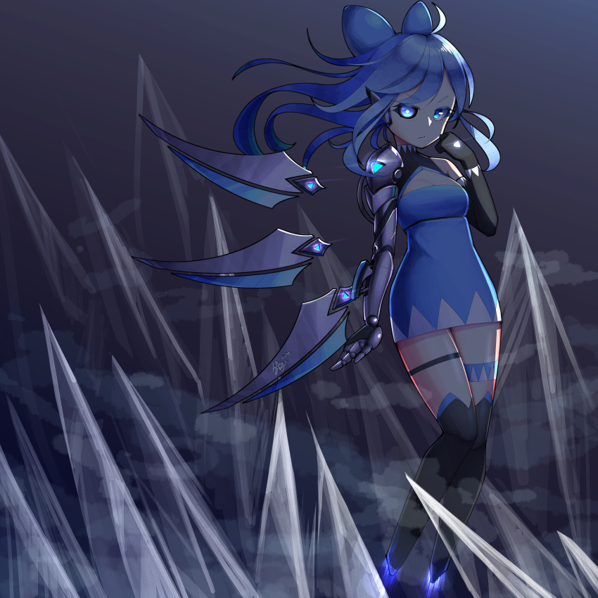 1girl, absurdres, ahoge, alternate_hair_length, alternate_hairstyle, black_sclera, blue_eyes, blue_hair, cirno, cybernetic_eye, cyborg, dress, elbow_gloves, eyebrows_visible_through_hair, full_body, gloves, gozas99, hair_ribbon, highres, ice, long_hair, looking_at_viewer, mechanical_ears, mechanical_wings, mismatched_sclera, no_feet, over-kneehighs, prosthesis, prosthetic_arm, ribbon, solo, thigh-highs, thigh_strap, touhou, wings