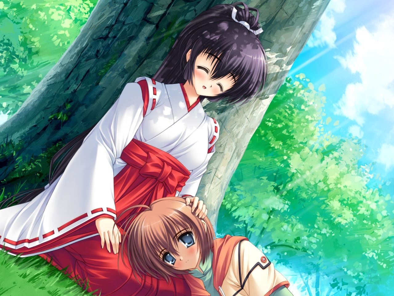 black_hair, blush, closed_eyes, game_cg, japanese_clothes, lap_pillow, miko, norita