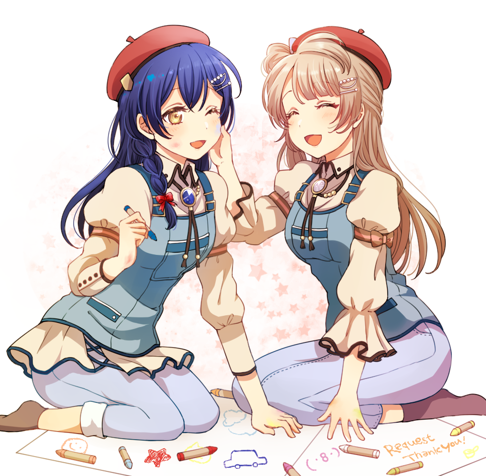 2girls, bangs, barrette, blue_hair, braid, brown_hair, closed_eyes, commentary_request