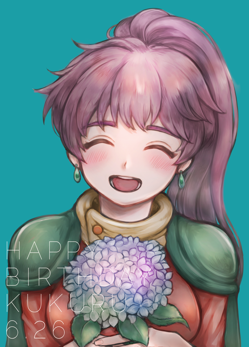 1girl, arc_the_lad, blush, breasts, commentary_request, earrings, flower, happy