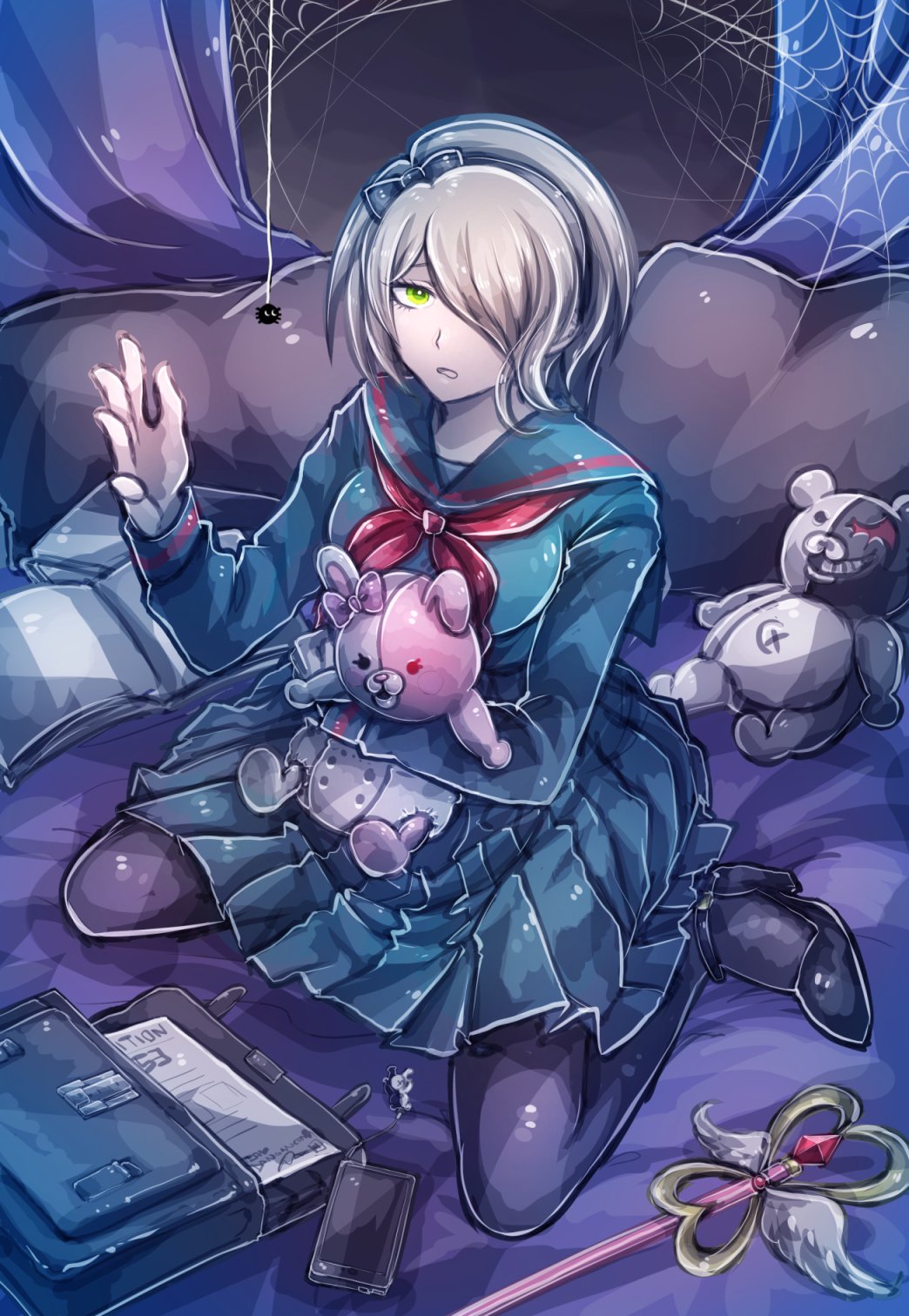 1girl, alternate_costume, bag, black_footwear, black_gloves, black_legwear, black_pillow, black_skirt