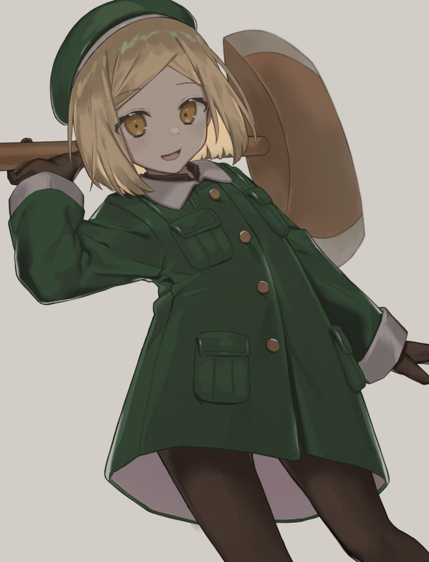 1girl, axe, bangs, beige_background, beret, black_legwear, blonde_hair, blush