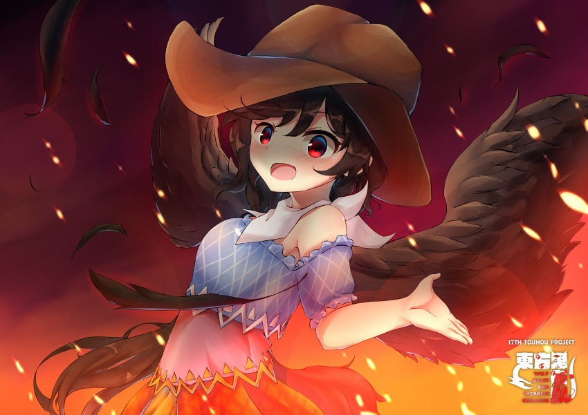 1girl, bandana, bangs, bare_shoulders, black_hair, black_wings, blue_shirt, blush