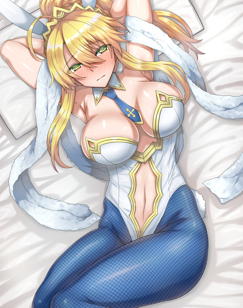 1girl, ahoge, animal_ears, arinotowatari, armpits, arms_behind_head, arms_up, artoria_pendragon_(all), artoria_pendragon_(lancer), bangs, bare_shoulders, blonde_hair, blue_legwear, blue_neckwear, blush, breasts, bunnysuit, closed_mouth, detached_collar, fate/grand_order, fate_(series), fishnet_pantyhose, fishnets, green_eyes, hair_between_eyes, large_breasts, leotard, long_hair, looking_at_viewer, lying, navel, navel_cutout, necktie, on_back, pantyhose, ponytail, rabbit_ears, sidelocks, solo, swept_bangs, thighs, tiara, white_leotard