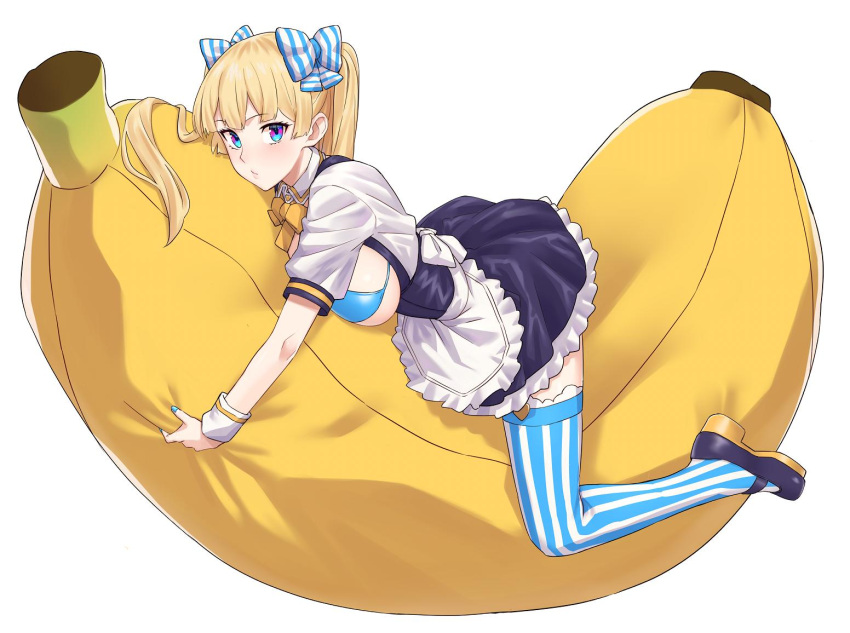 1girl, apron, banana_boat, bikini_top, blonde_hair, blue_bikini_top, blue_eyes, blush