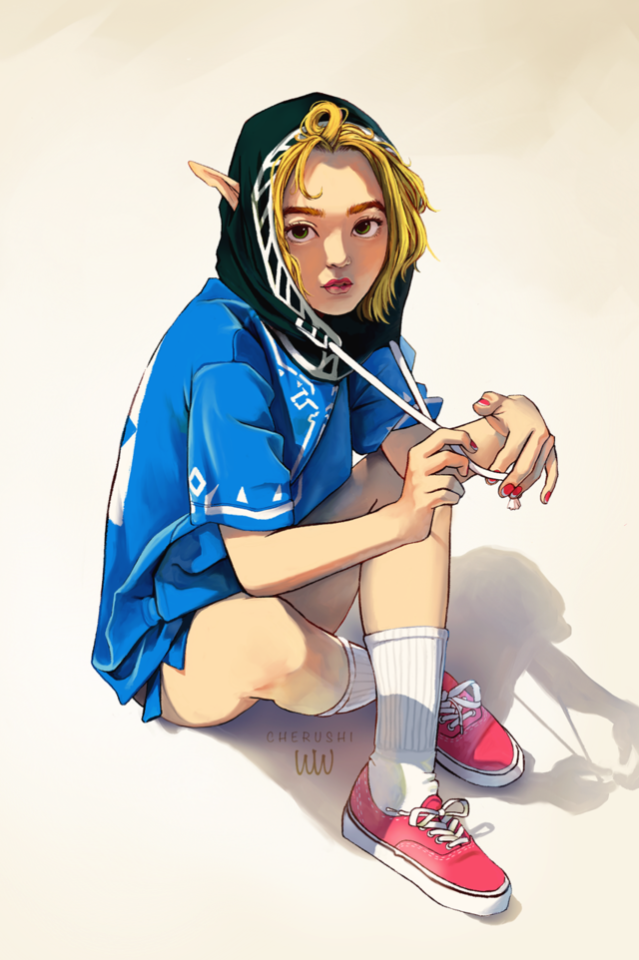 1girl, adapted_costume, blonde_hair, cherushi, commentary, contemporary, crossed_ankles, english_commentary, forehead, green_eyes, hood, hood_up, looking_at_viewer, nail_polish, pointy_ears, princess_zelda, red_footwear, shadow, shoes, short_hair, sitting, sneakers, socks, solo, the_legend_of_zelda, the_legend_of_zelda:_breath_of_the_wild, the_legend_of_zelda:_breath_of_the_wild_2, thick_eyebrows, tube_socks