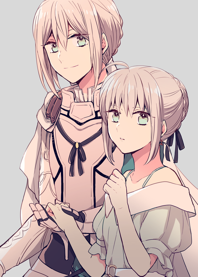 1boy, 1girl, ahoge, alternate_costume, armor, bedivere, black_ribbon, braid, cape, closed_mouth, collarbone, commentary_request, dress, earrings, fate/grand_order, fate_(series), formal, french_braid, gray_(lord_el-melloi_ii), green_dress, green_eyes, grey_background, grey_hair, hair_between_eyes, hair_ribbon, hair_tubes, holding, holding_hands, jewelry, knight, long_hair, looking_at_viewer, lord_el-melloi_ii_case_files, parted_lips, prosthesis, prosthetic_arm, ribbon, rikko_(riccovich), short_hair, simple_background, smile, star, star_earrings