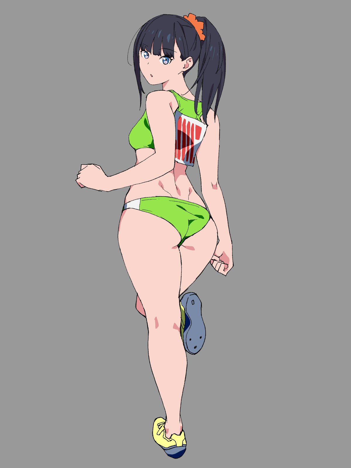 1girl, :o, ass, back, bangs, black_hair, blue_eyes, blunt_bangs, cleats, clenched_hands, commentary, crop_top, from_behind, full_body, green_buruma, green_shirt, grey_background, hair_ornament, hair_scrunchie, highres, legs, long_hair, looking_at_viewer, looking_back, no_legwear, onsen_tamago_(hs_egg), orange_scrunchie, parted_lips, scrunchie, shirt, shoes, simple_background, solo, sports_bikini, ssss.gridman, standing, standing_on_one_leg, straight_hair, takarada_rikka, yellow_footwear
