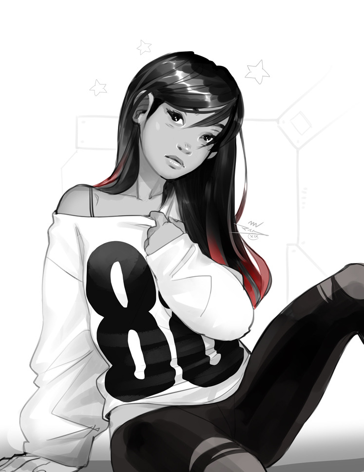 1girl, 88_(mike_nesbitt), baggy_clothes, bangs, black_hair, commentary, english_commentary, lips