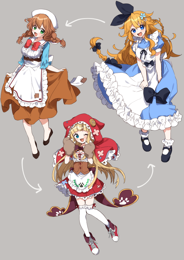 3girls, ;d, animal_ears, animal_hood, apron, bangs, black_bow, black_footwear