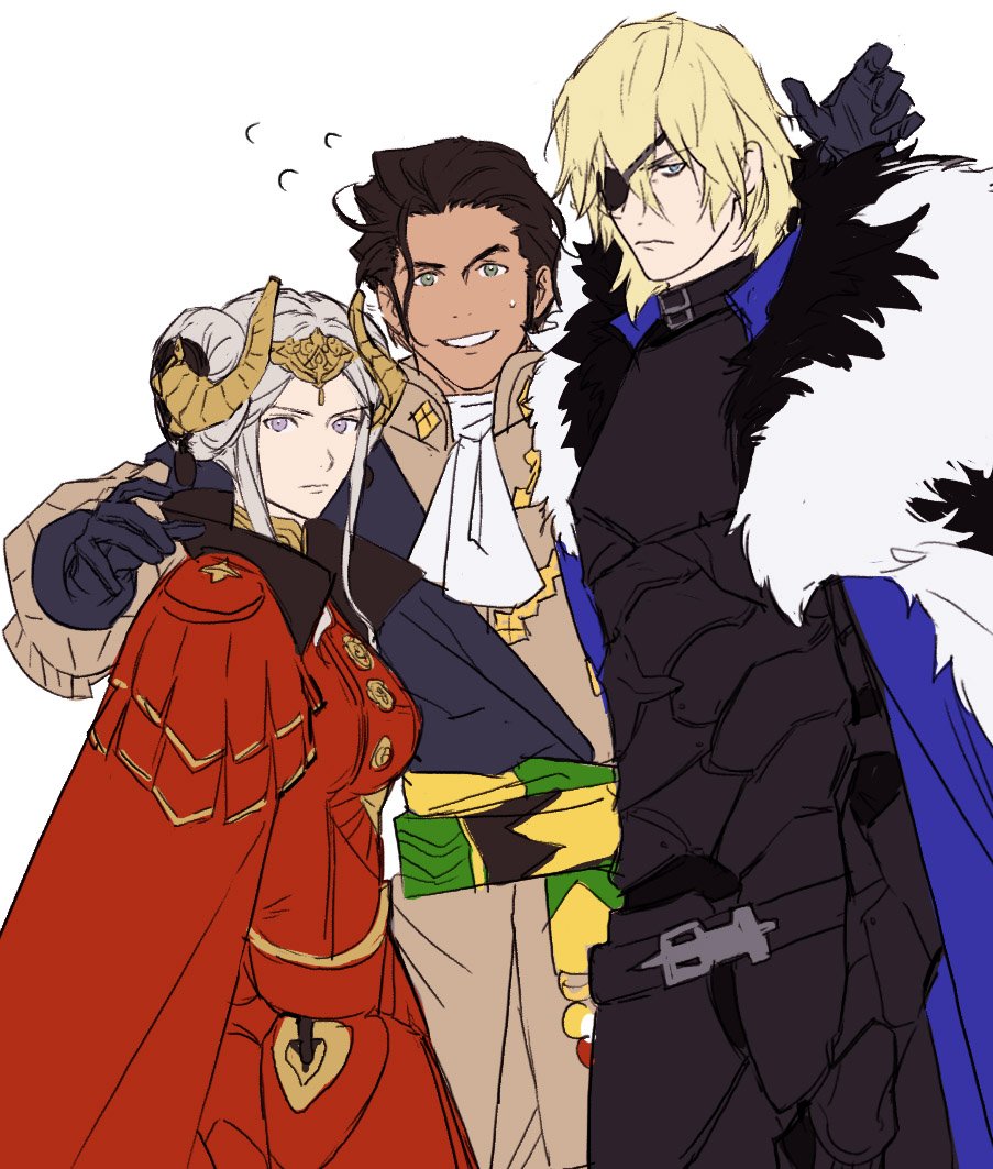 1girl, 2boys, armor, black_gloves, blonde_hair, blue_cape, blue_eyes, brown_hair, cape, claude_von_regan, closed_mouth, dark_skin, dark_skinned_male, dimitri_alexandre_bladud, double_bun, dress, edelgard_von_hresvelg, eyepatch, fire_emblem, fire_emblem:_three_houses, flying_sweatdrops, gloves, green_eyes, horned_headwear, hover_hand, lavender_eyes, looking_at_viewer, mullet, multiple_boys, nervous_smile, older, red_cape, red_dress, sandwiched, sideburns, sidelocks, silver_hair, simple_background, sketch, sweatdrop, white_background, yarr