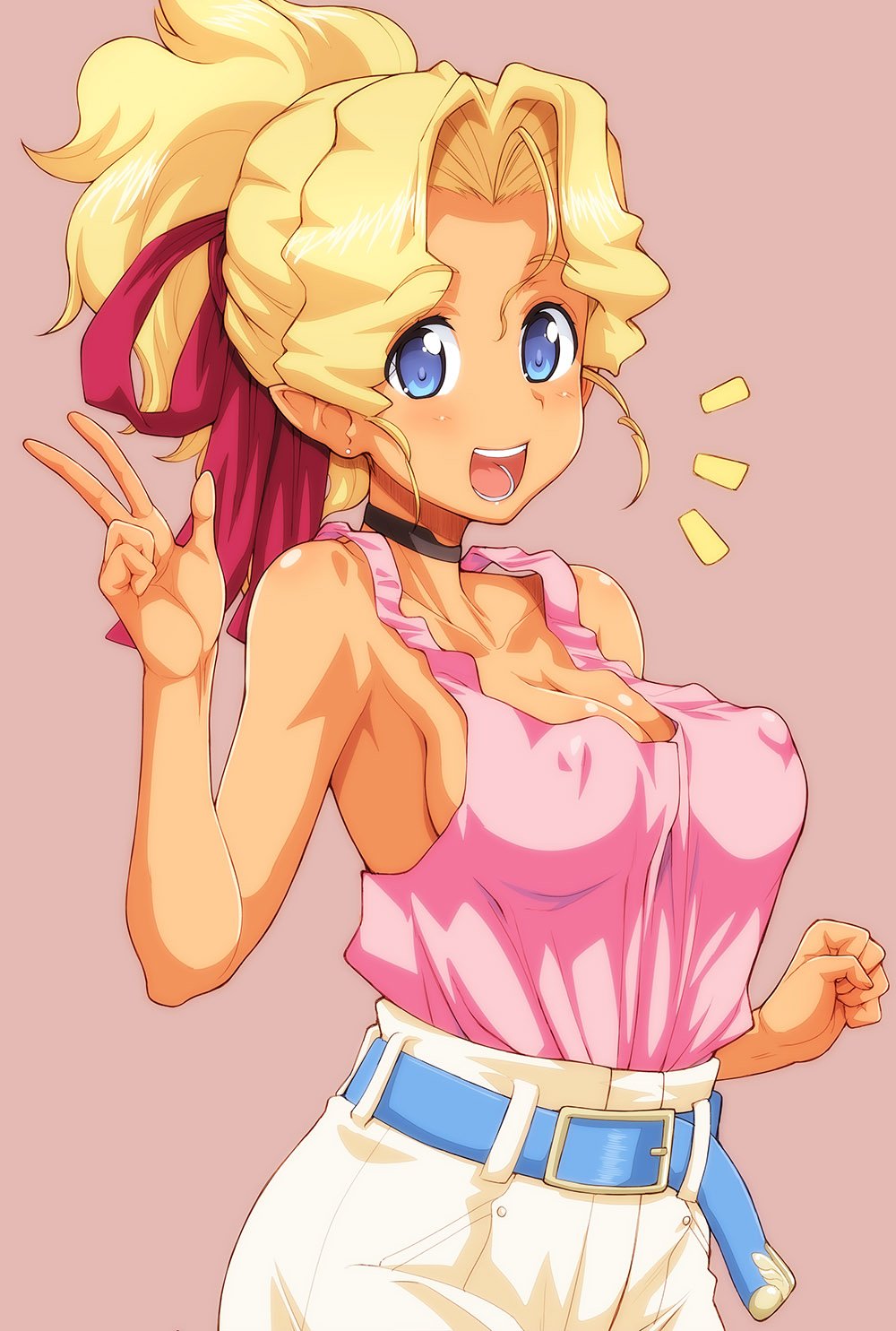 1girl, belt, black_choker, blonde_hair, blue_belt, blue_eyes, breasts, brown_background