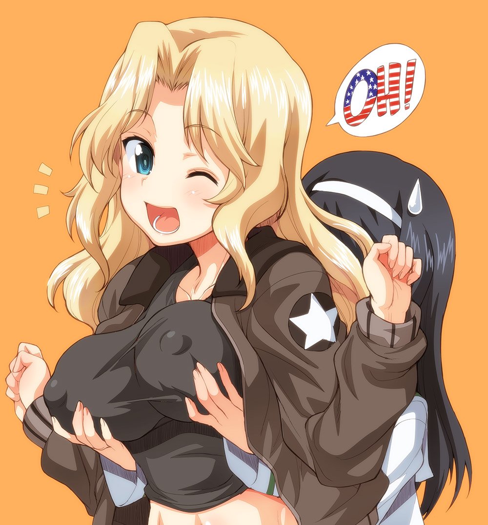 2girls, ;d, black_hair, black_shirt, blonde_hair, blue_eyes, breasts, brown_jacket