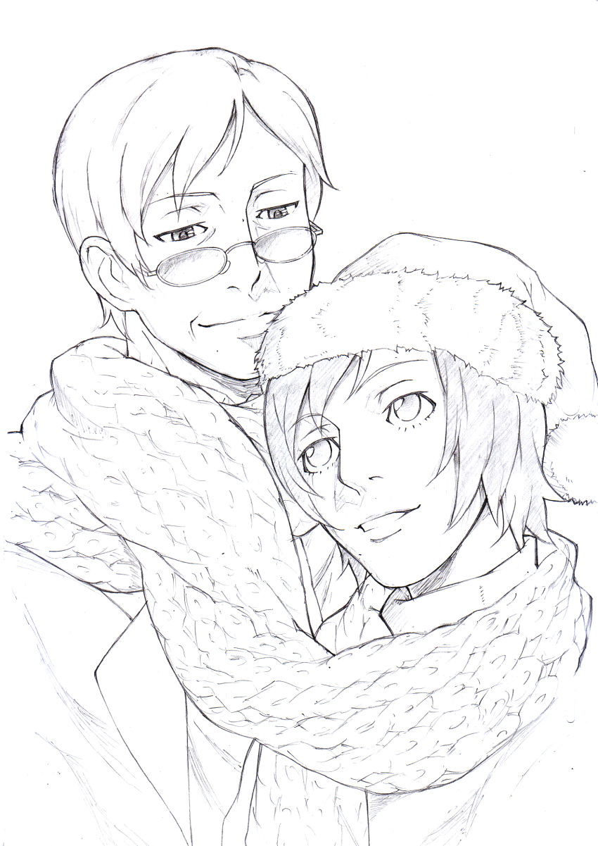 1boy, 1girl, age_difference, cozmorangear, glasses, greyscale, hat, hetero, highres, lineart, looking_at_another, monochrome, nicoletta_(ristorante_paradiso), old_man, paradiso_santo_claudio, parted_lips, ristorante_paradiso, santa_hat, scarf, shared_scarf, short_hair, standing, traditional_media