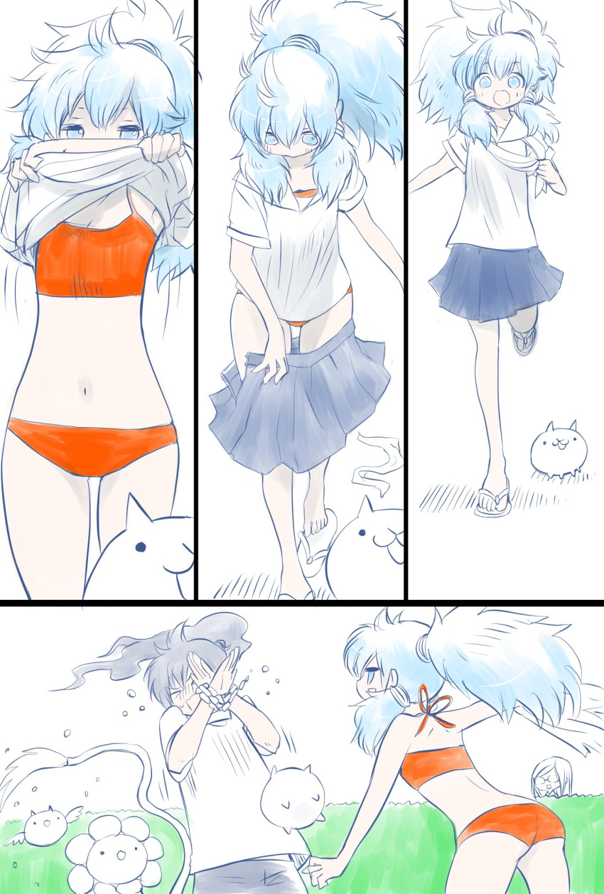 1boy, 2girls, ass, bikini, blue_eyes, bush, cat_(nyanko_daisensou), coppermine_(nyanko_daisensou)