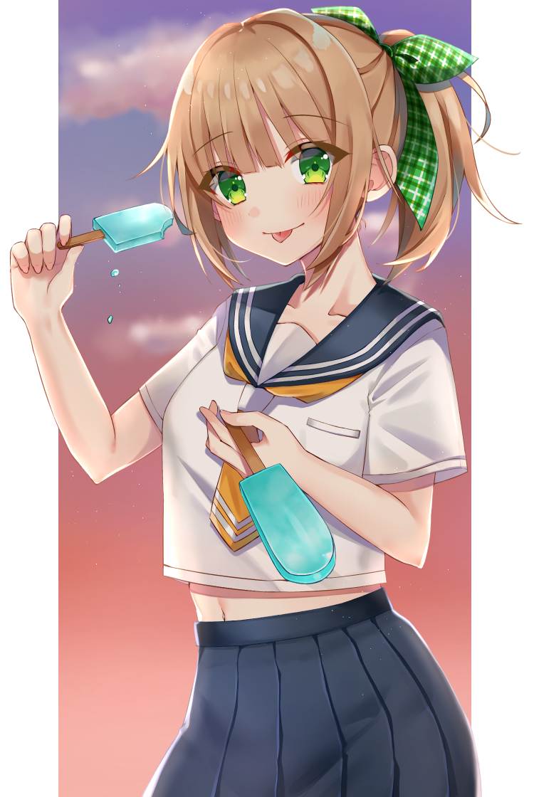 1girl, blue_sailor_collar, blue_skirt, brown_hair, collarbone, cowboy_shot, dripping, food