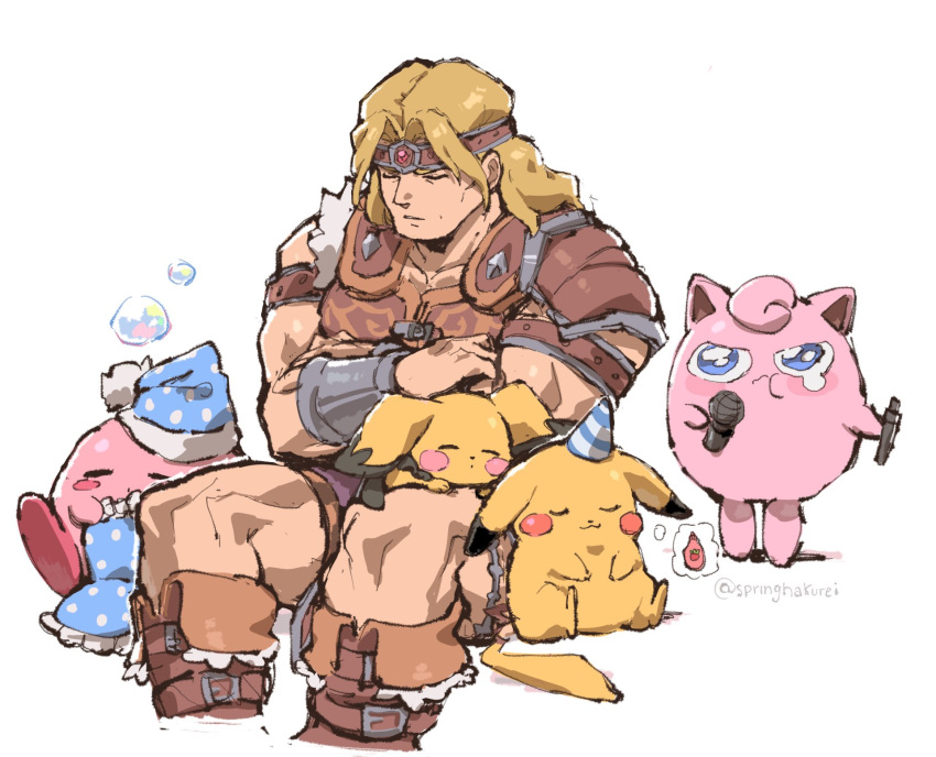 1boy, 3others, akiyoku, angry, animal, armor, baby_pokemon, balloon_(pokemon)